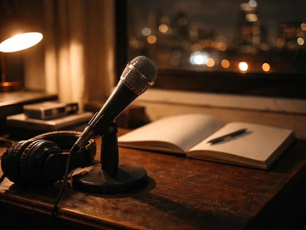 Close-up of a vintage studio microphone and headphones in a quiet music room at night.
