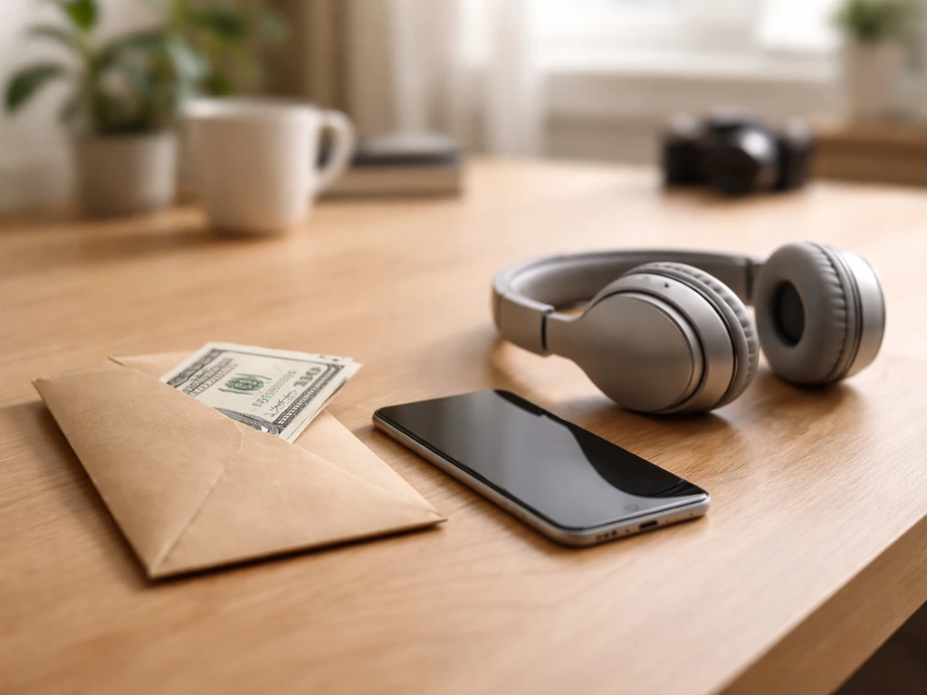 Minimal photo of a desk with a smartphone, headphones, and cash envelope symbolizing multiple income streams.
