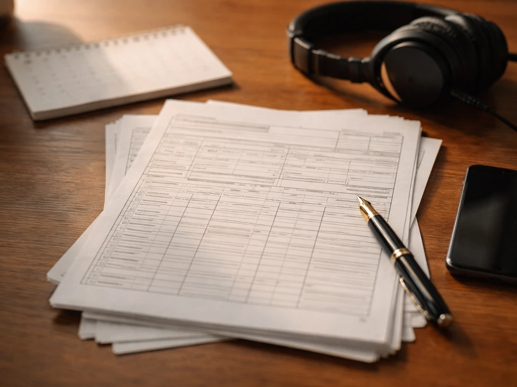 Close-up of generic music publishing royalty paperwork, pen, and headphones on a wooden desk.