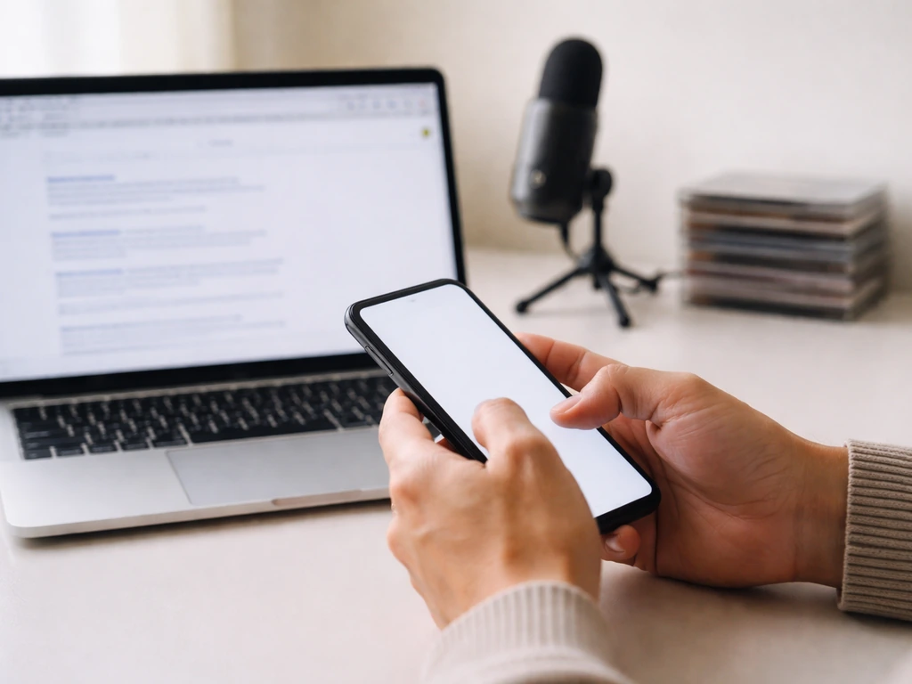 Hands searching on a phone beside a laptop, with a studio microphone in soft focus.