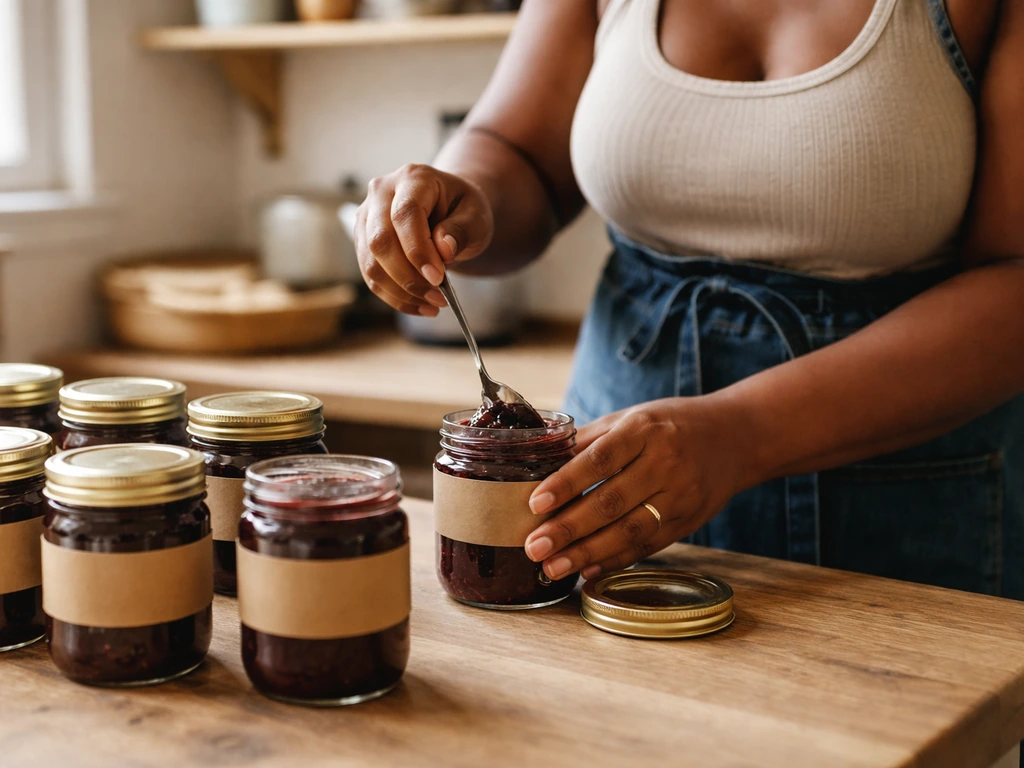 Warm kitchen scene with Ashley Rouse’s hands working near small-batch jam jars and simple packaging.