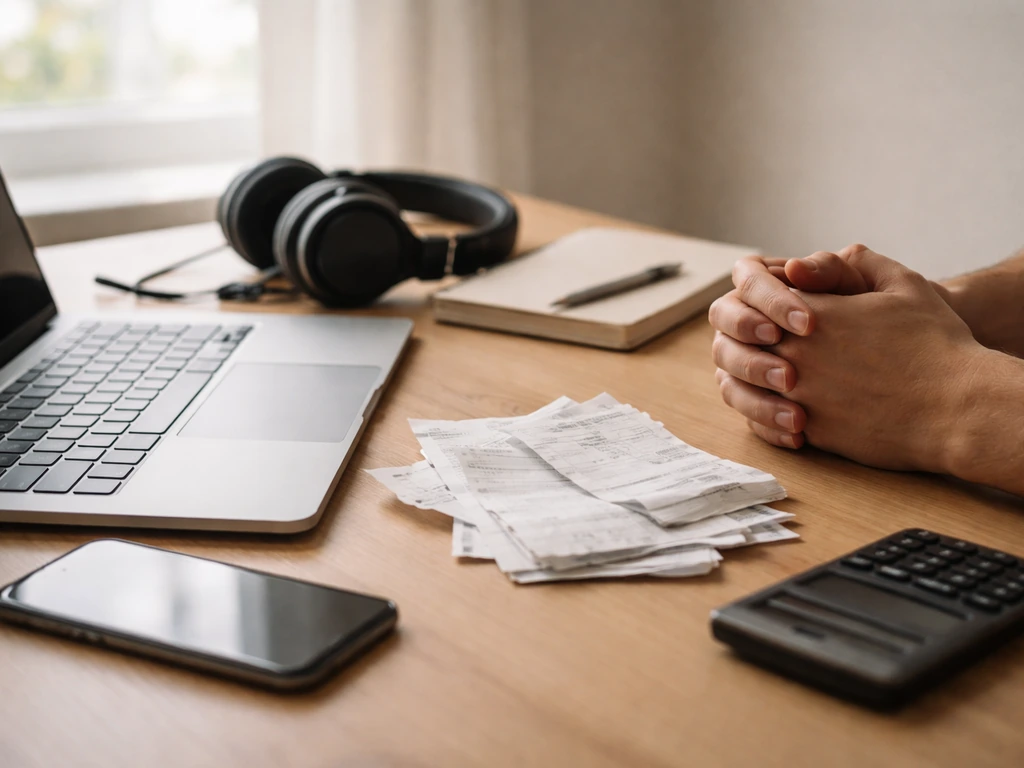 Minimal photo of an anonymous desk with scattered finance and media cues suggesting net worth estimate inputs.