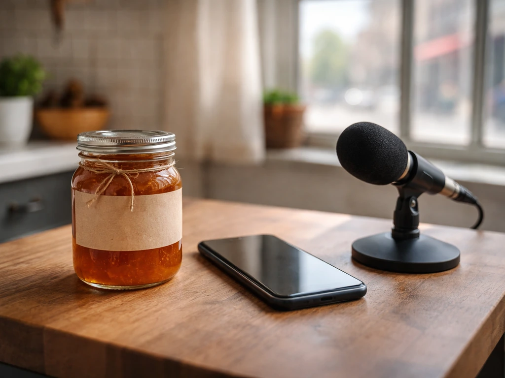 Small studio table with jam jar, smartphone, and a microphone, symbolizing a local business growth story.
