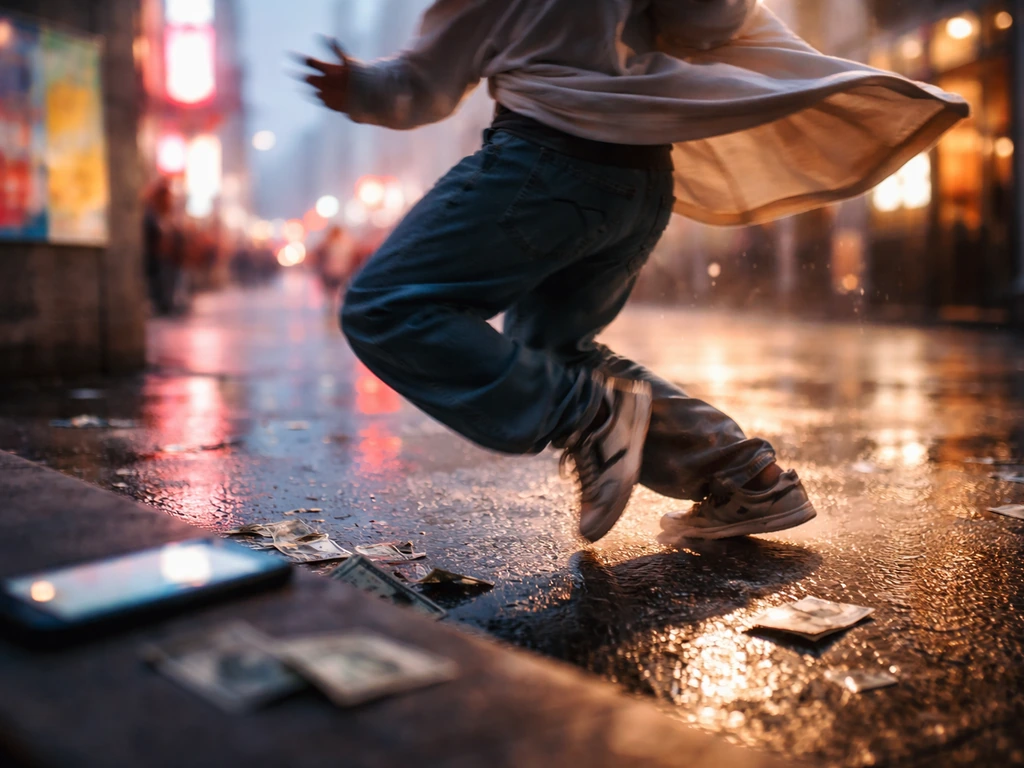 Abstract street-dance scene: a dancer’s motion captured in an energetic city street at dusk