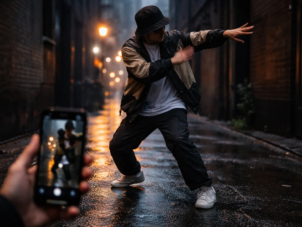 Anonymous street dancer captured mid-move with phone-video vibe in a quiet urban alley at dusk.
