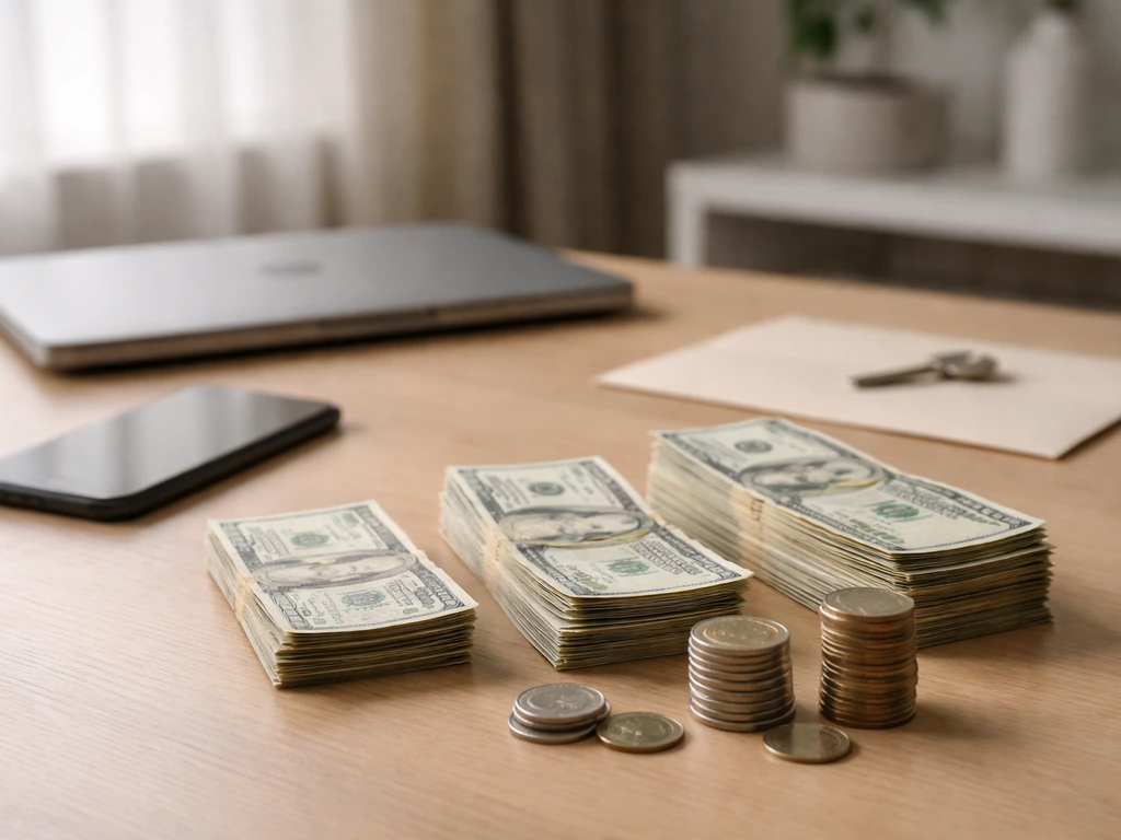 Minimal desk with fanned dollar bills and coins suggesting a net-worth estimate range.