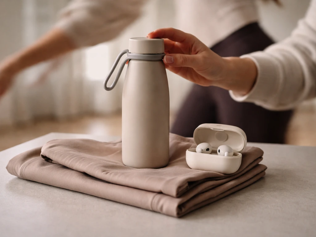 Close-up of anonymous hands with a sleek water bottle and earbuds on a minimal dance-lifestyle setup