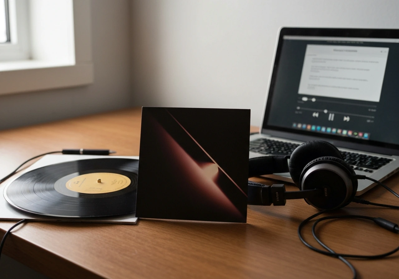 Minimal studio desk setup with a vinyl record and sleeve resembling Dark Hours EP cover