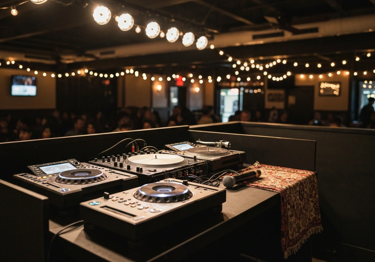 DJ equipment on a live performance booth in a small venue with warm stage lighting and soft audience bokeh.