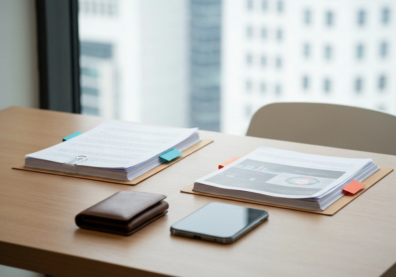 Minimal desk scene with two folders and documents suggesting sourced versus unsourced net worth claims.