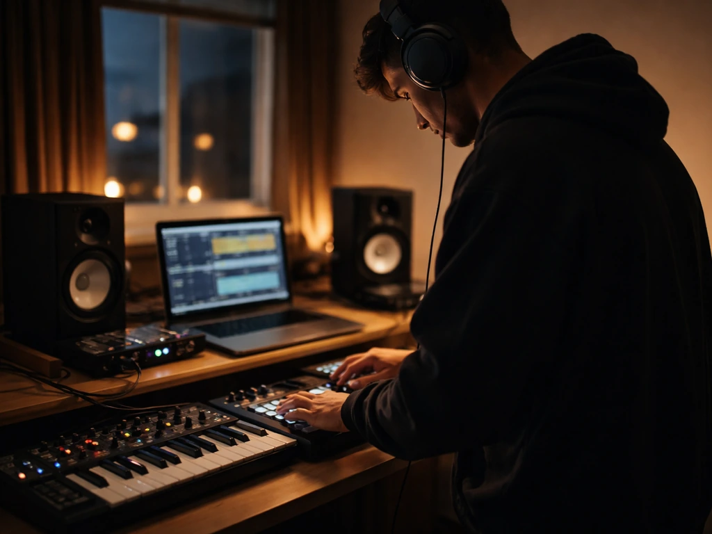 Anonymous beatmaker in a small studio wearing headphones at a keyboard, hip-hop production mood.