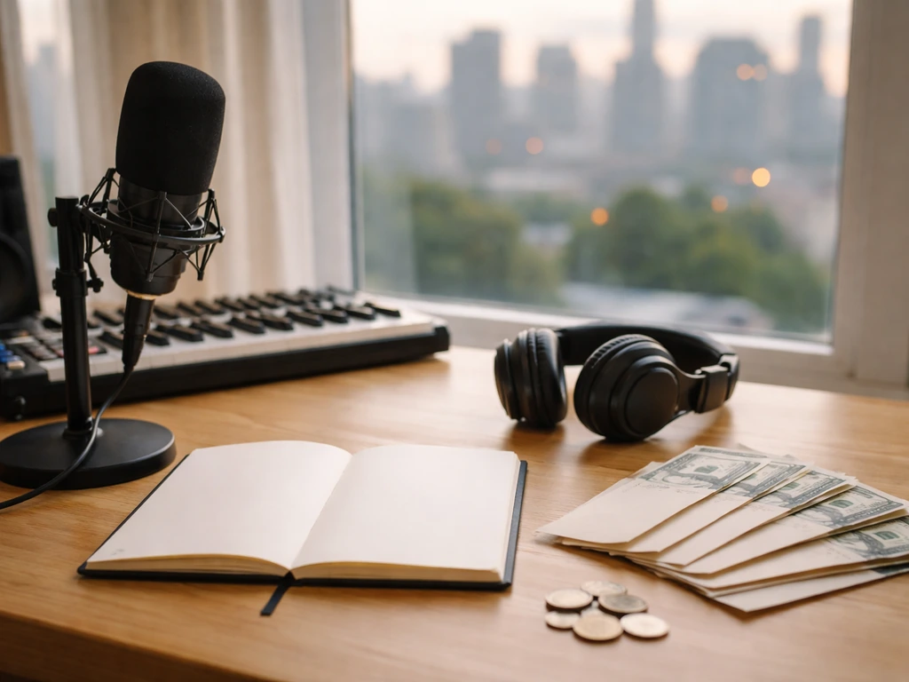 Minimal studio desk scene with microphone, headphones, and cash envelopes symbolizing multiple income streams.
