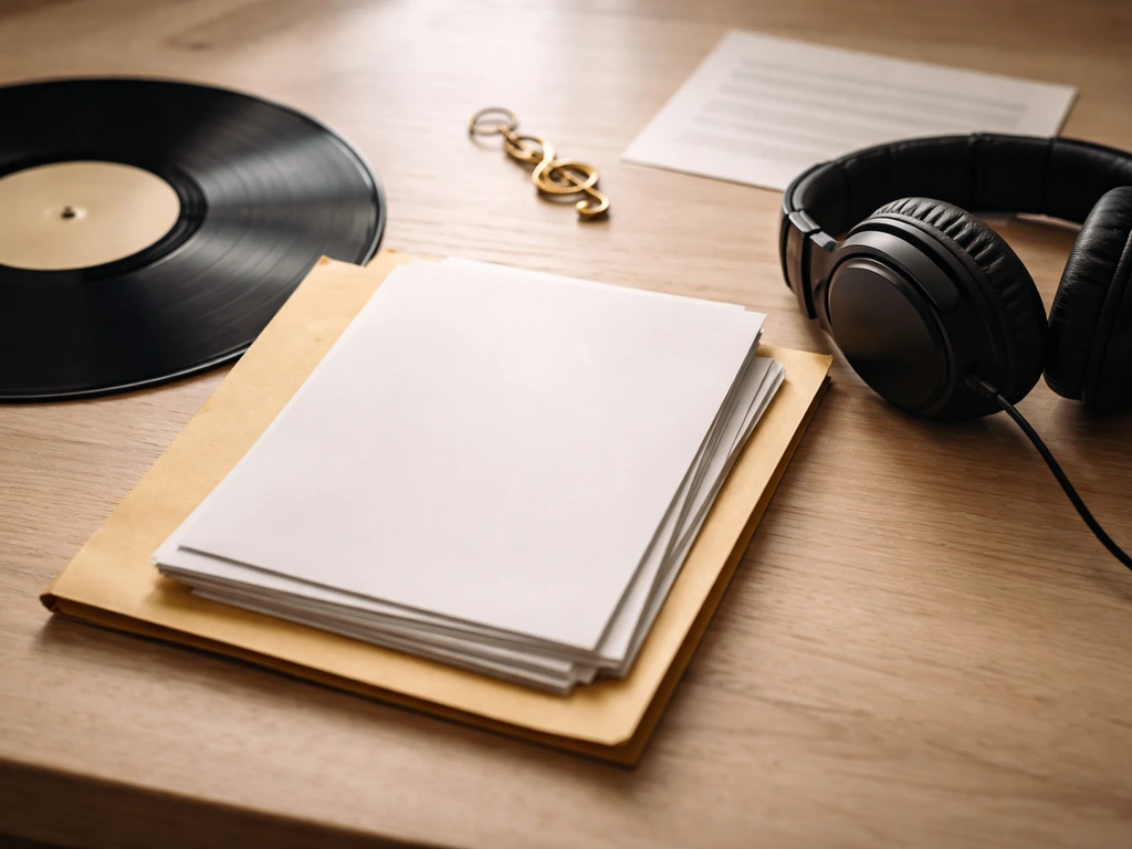 Close-up of a vinyl record and streaming-style headphones beside a simple music contract folder, symbolizing royalties.