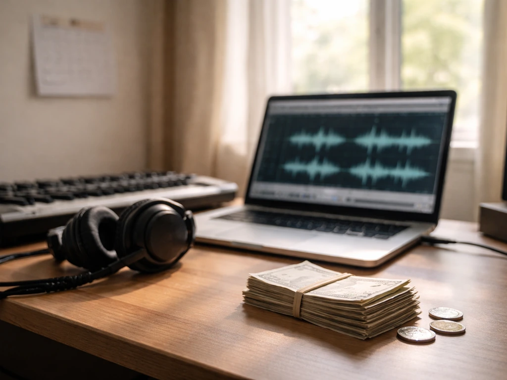 Minimal studio desk with a beat-making laptop and money-themed props suggesting career growth